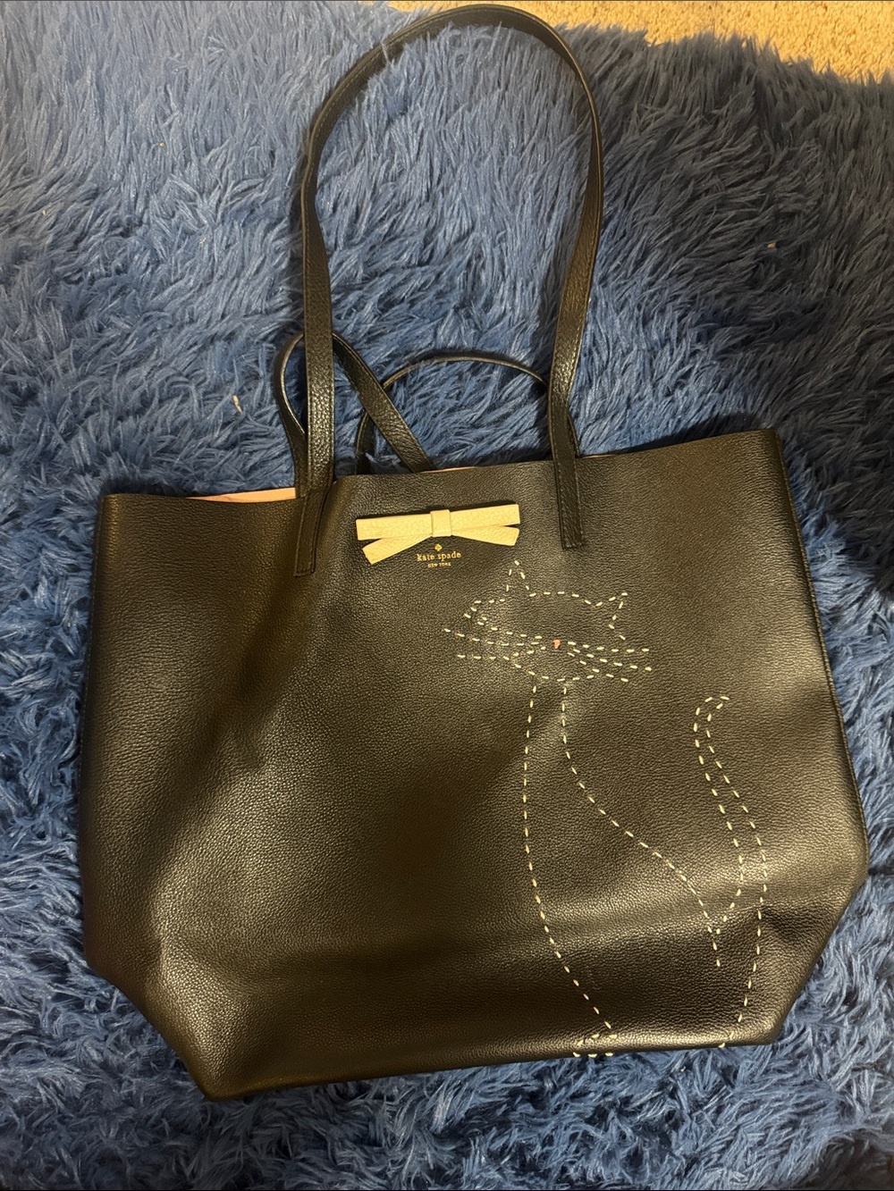 Kate Spade Black Leather Tote with Cat Stitch Detail